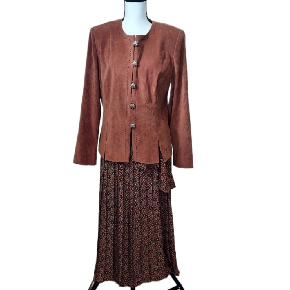 Vtg Leslie Fay Blazer Skirt & Scarf Set US 4